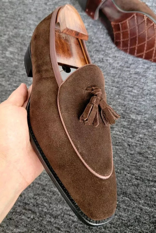 Handmade Brown Genuine Suede Formal Tassels Slip Ons Dress Shoes For Mens