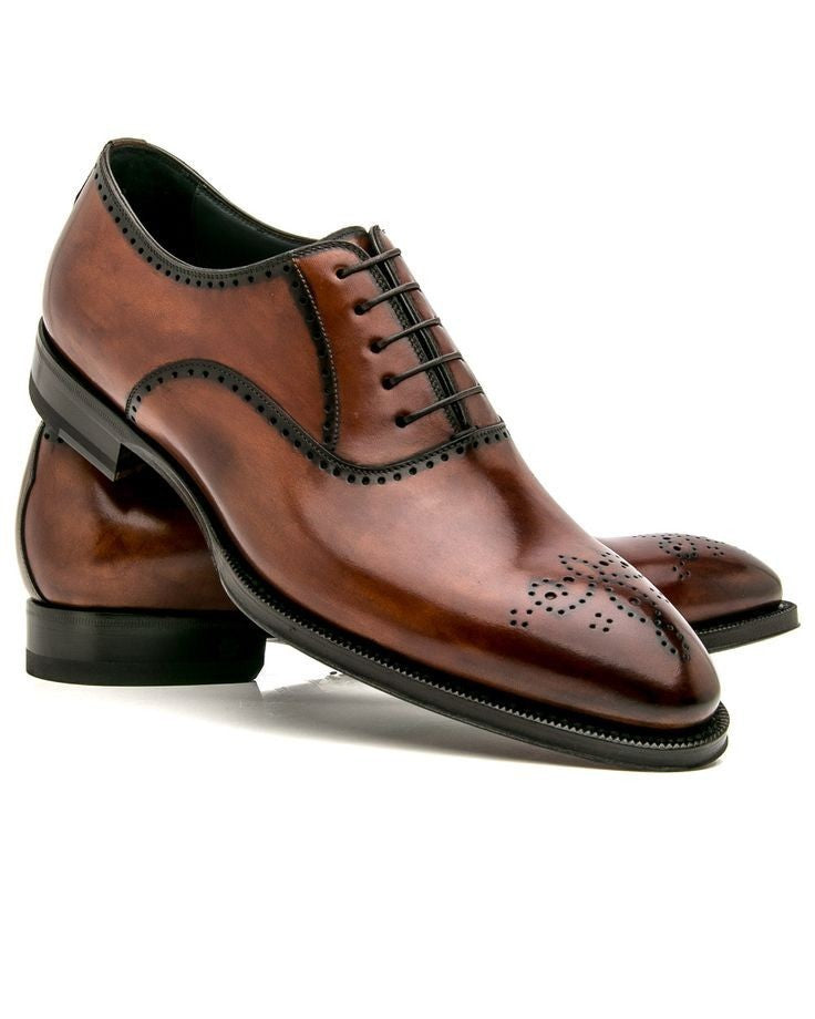 Genuine Leather Brown Color Burnished Toe Vintage Casual Dress Lace Up Men Shoes