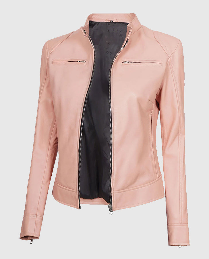 Light Pink Women's Motorcycle Cafe Racer Leather Jacket