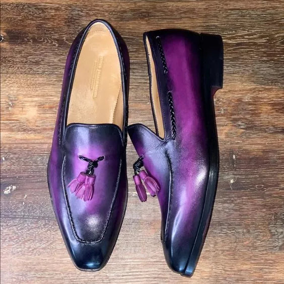 Handmade Shaded Purple Leather Formal Slip Ons Tassels Dress Shoes