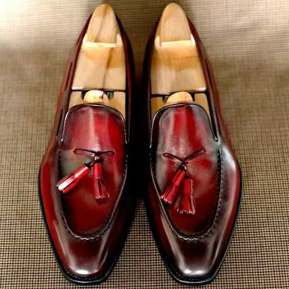 Handmade Shaded Red Leather Formal Slip Ons Tassels Dress Shoes