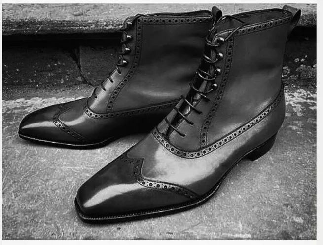 Handmade Black Leather Wing Tip Brogue Ankle Lace Up Dress Boots