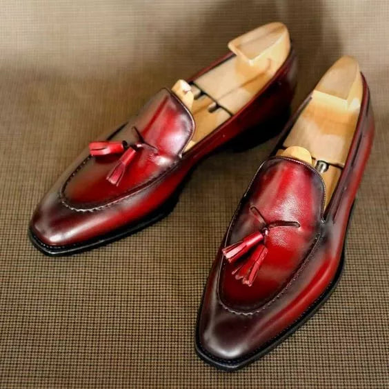 Handmade Shaded Red Leather Formal Slip Ons Tassels Dress Shoes