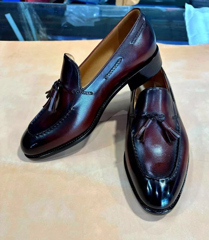 Handmade Dark Burgundy Leather Formal Slip Ons Tassels Dress Shoes