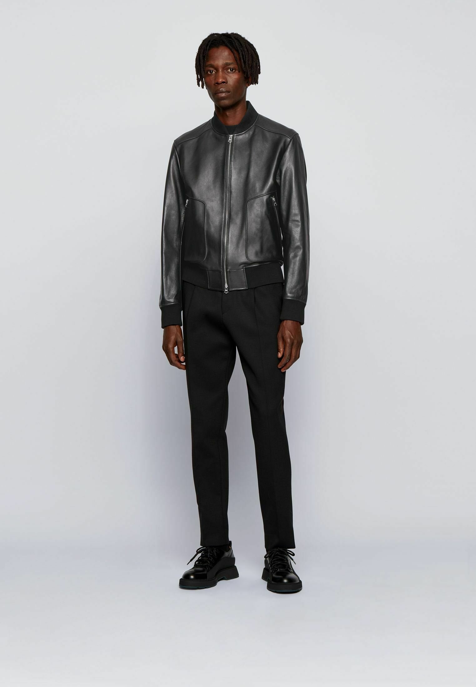 Men’s Black Leather Bomber Jacket