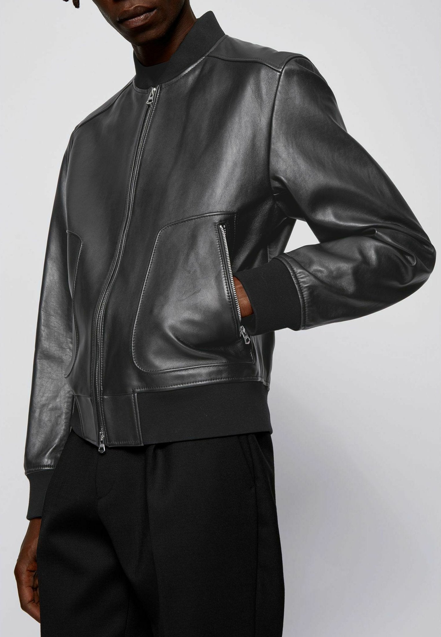 Men’s Black Leather Bomber Jacket