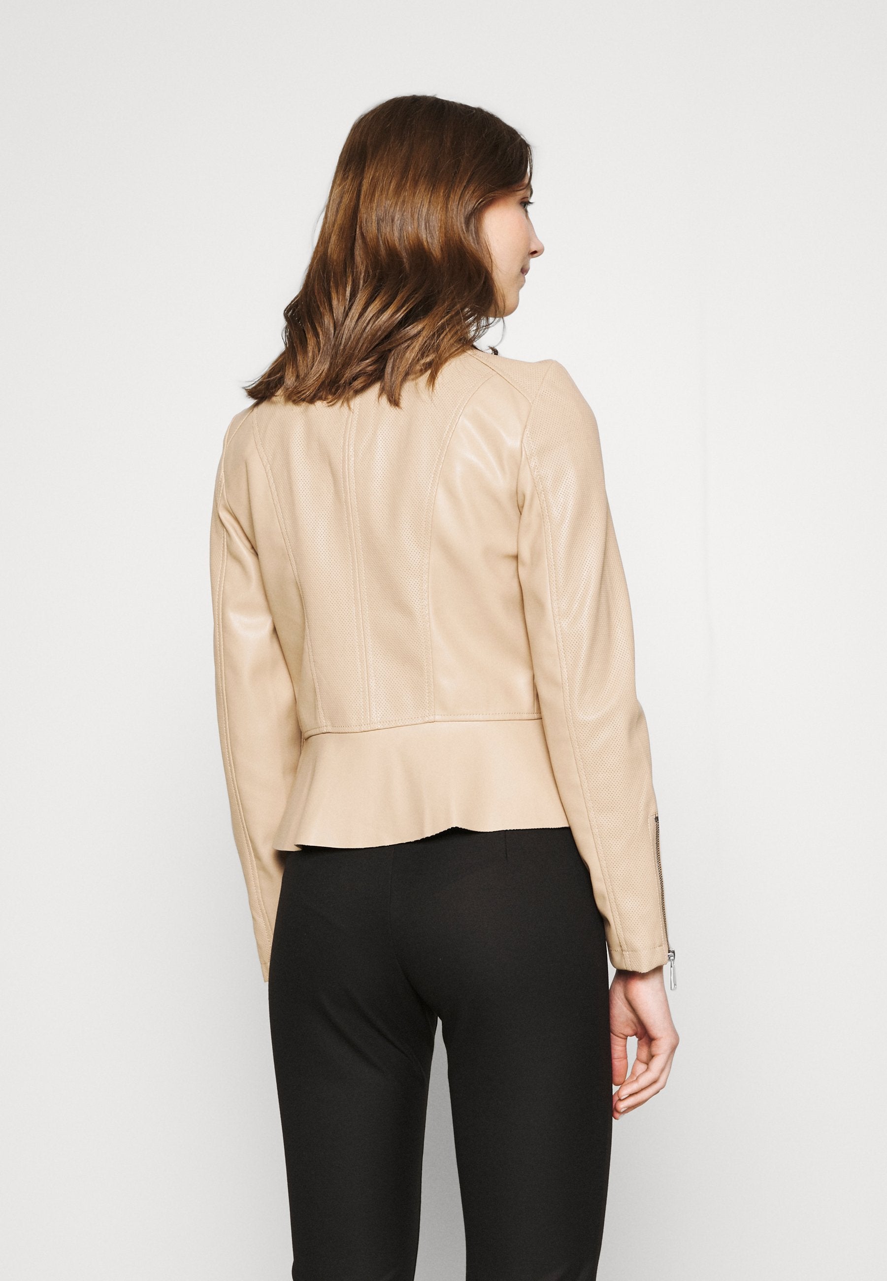 Women’s Beige Leather Crew Neck Jacket