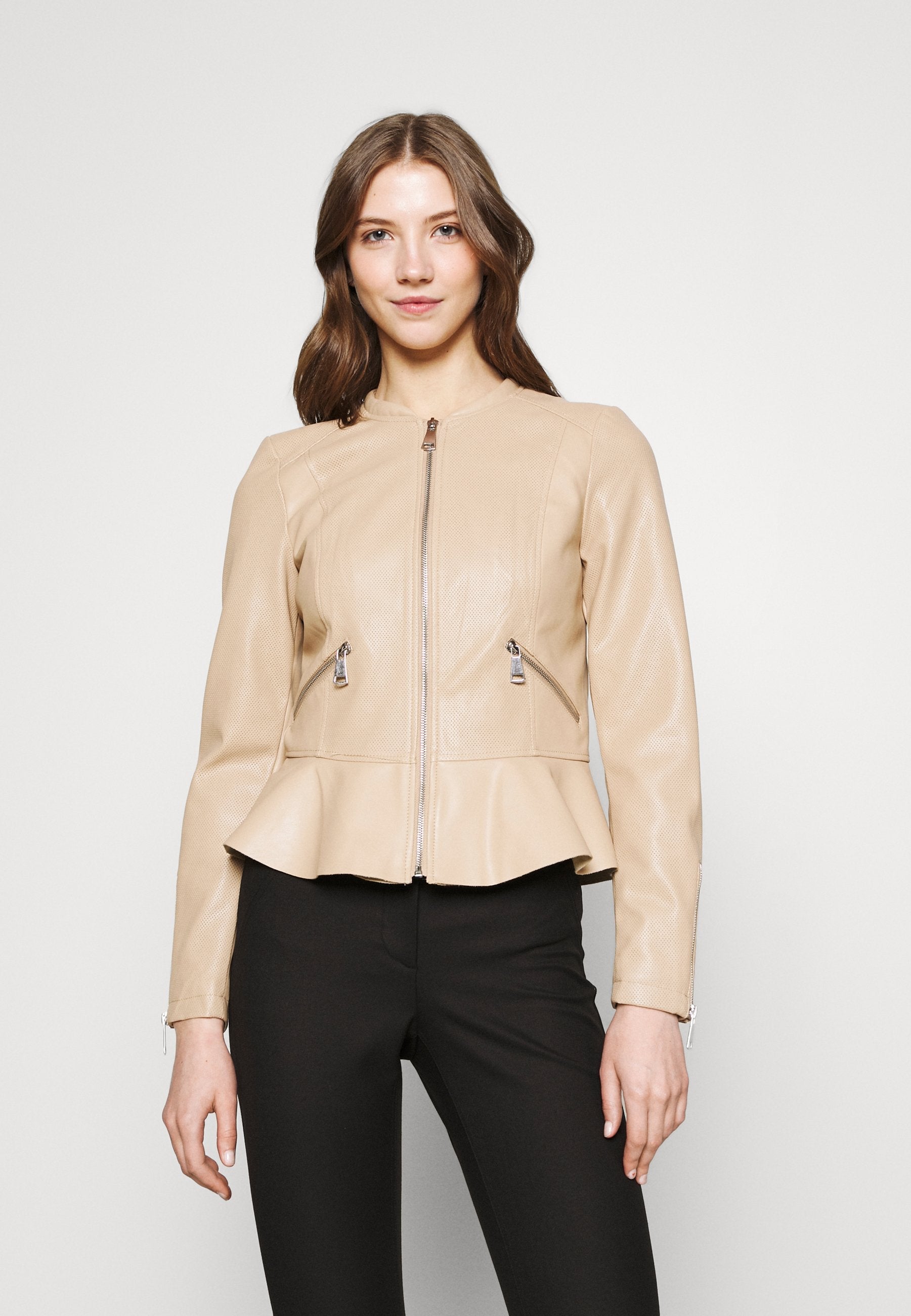 Women’s Beige Leather Crew Neck Jacket