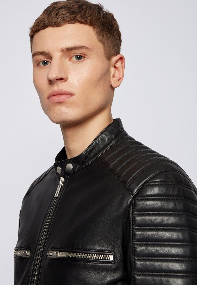 Men’s Black Leather Crew Neck Biker Jacket