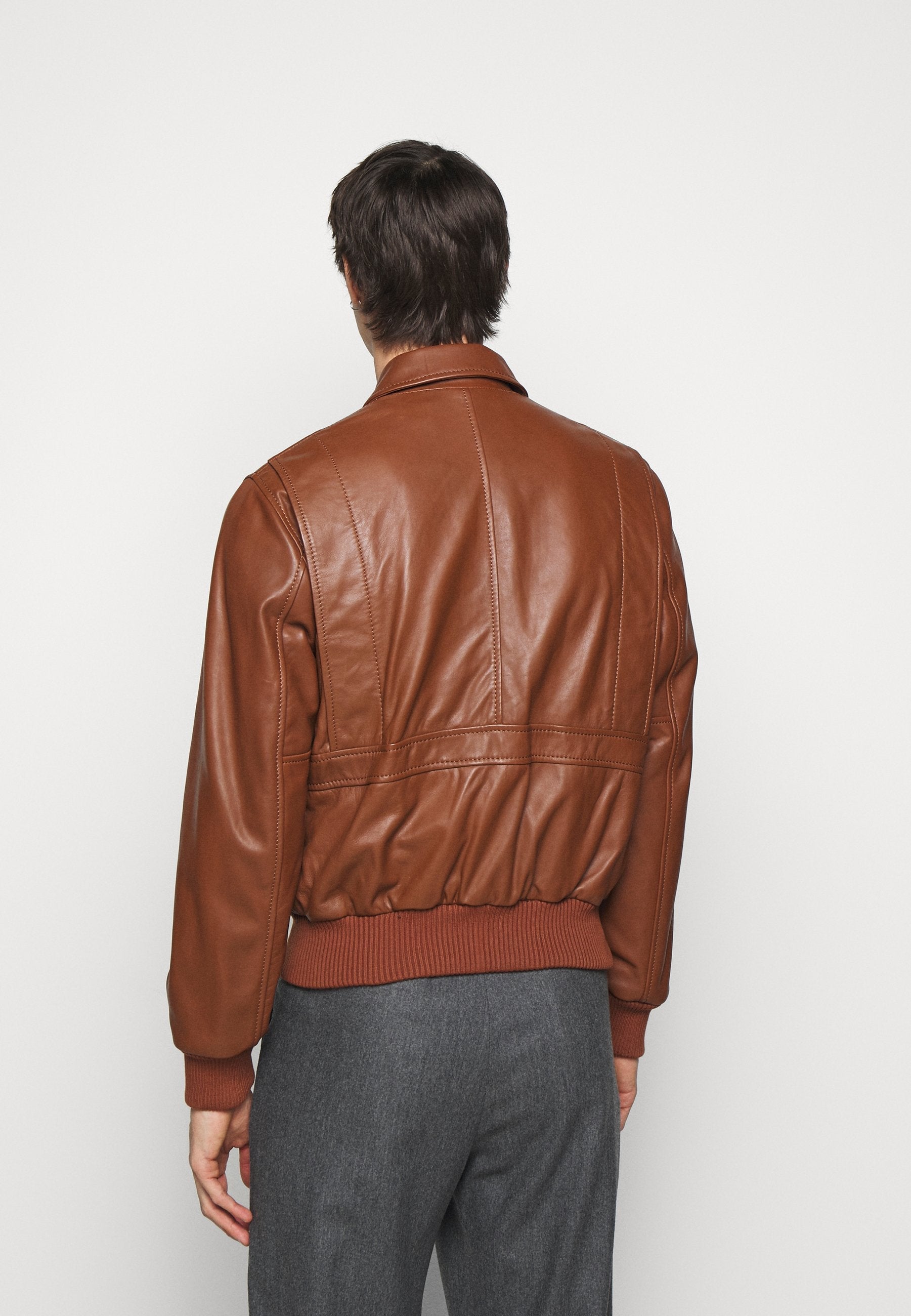 Stylish Tan Brown Leather Bomber Jacket for Men