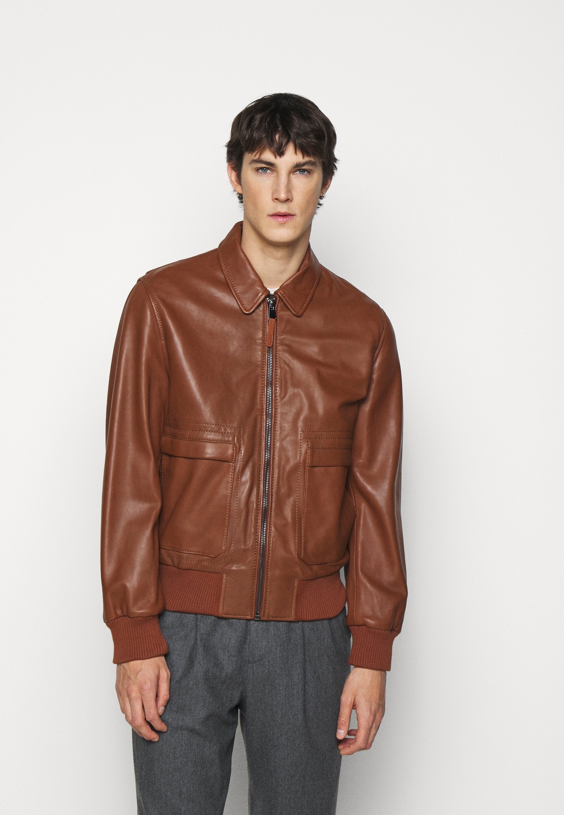 Stylish Tan Brown Leather Bomber Jacket for Men