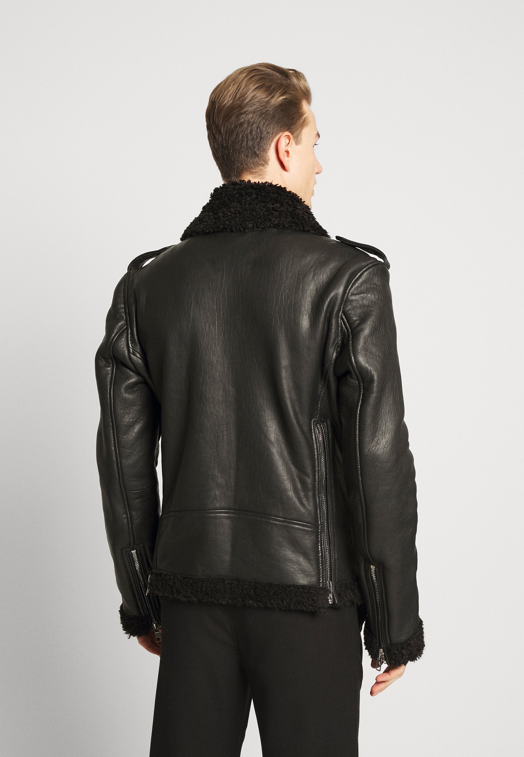 Men’s Black Leather Black Shearling Biker Jacket - Kualited