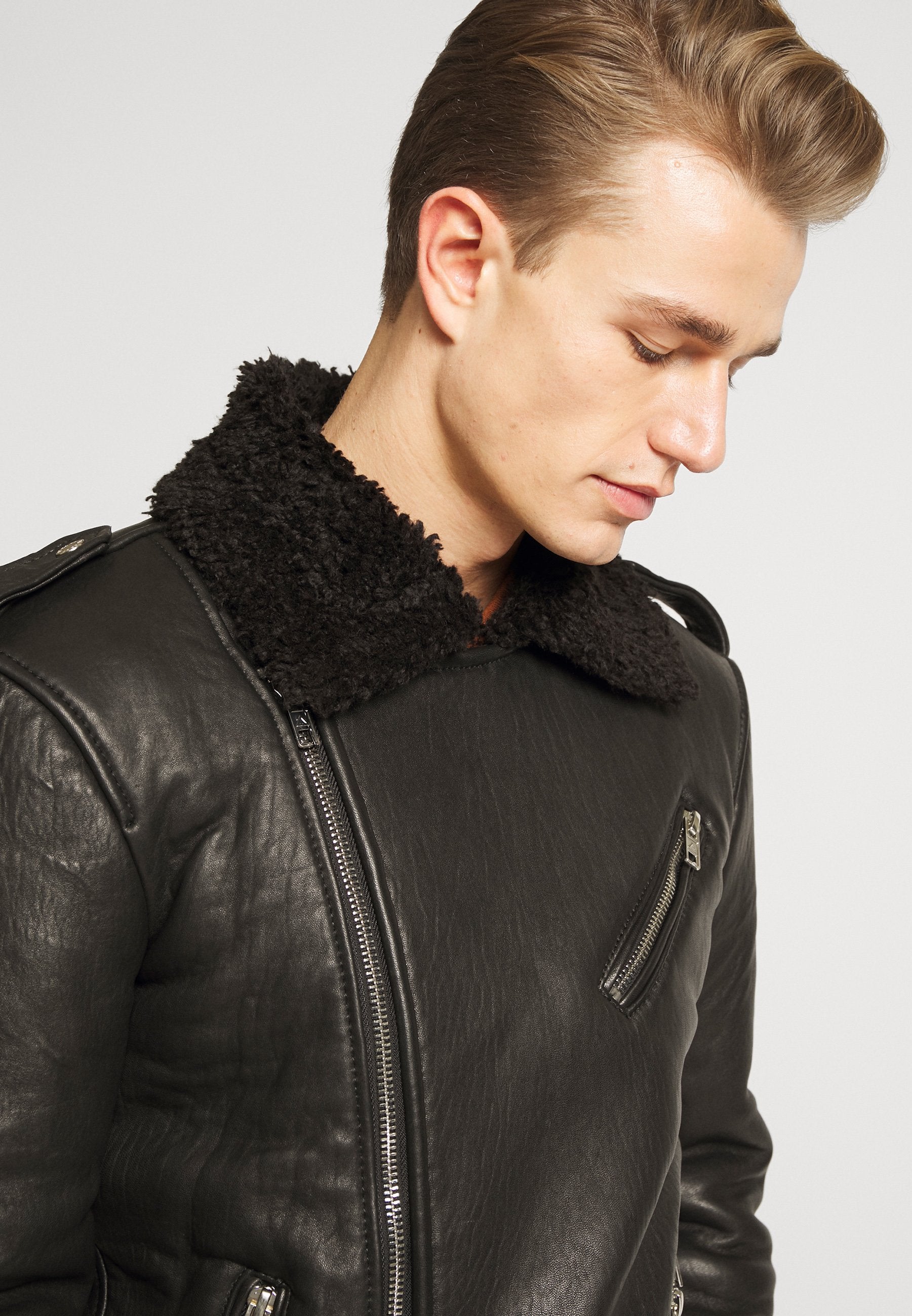 Men’s Black Leather Black Shearling Biker Jacket - Kualited