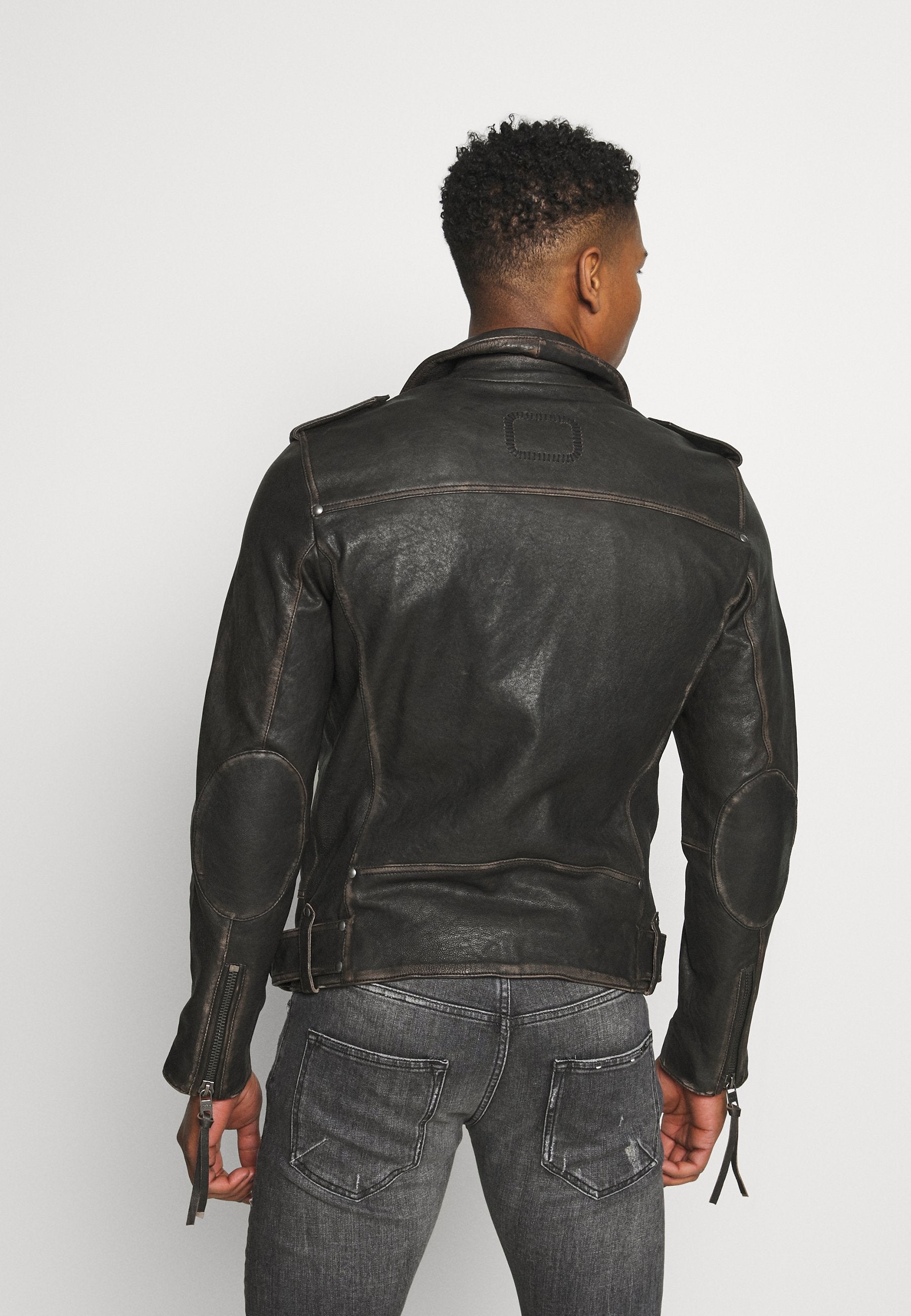 Black Leather Distressed Biker Jacket for Men