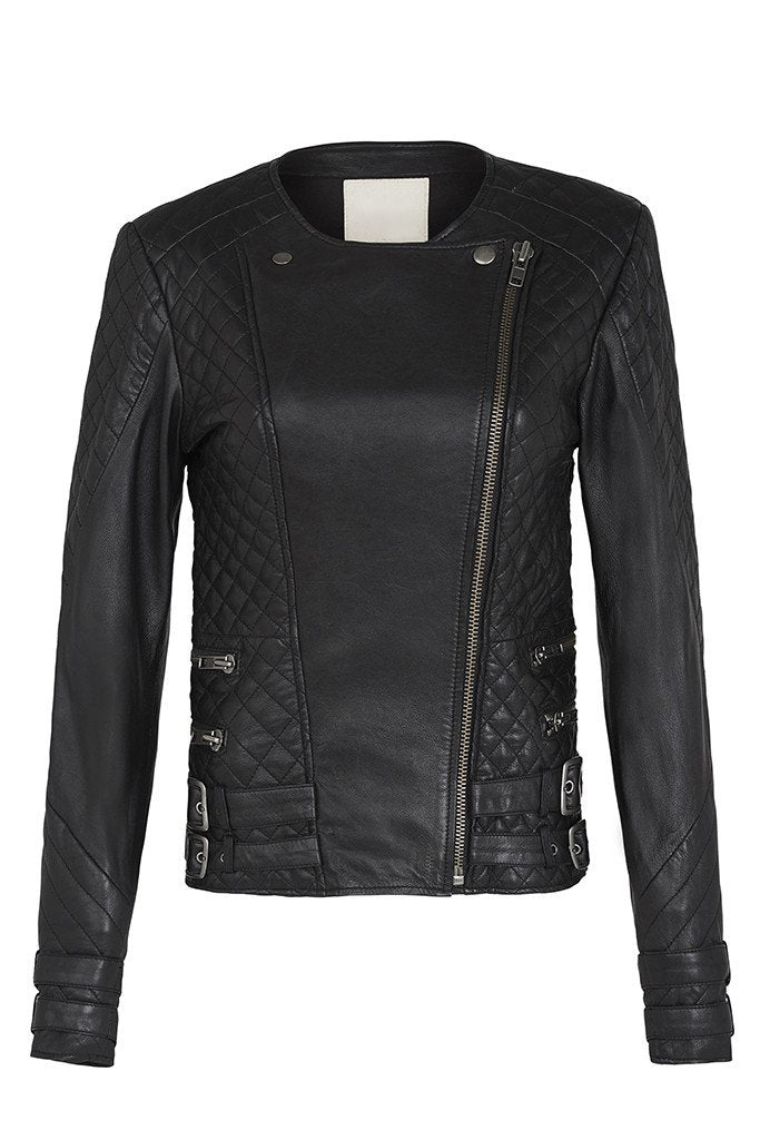 Women’s Black Leather Biker Jacket Crew Neck