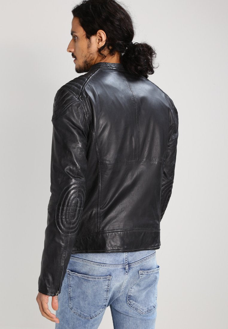 Men's Black Leather Perforated Biker Jacket