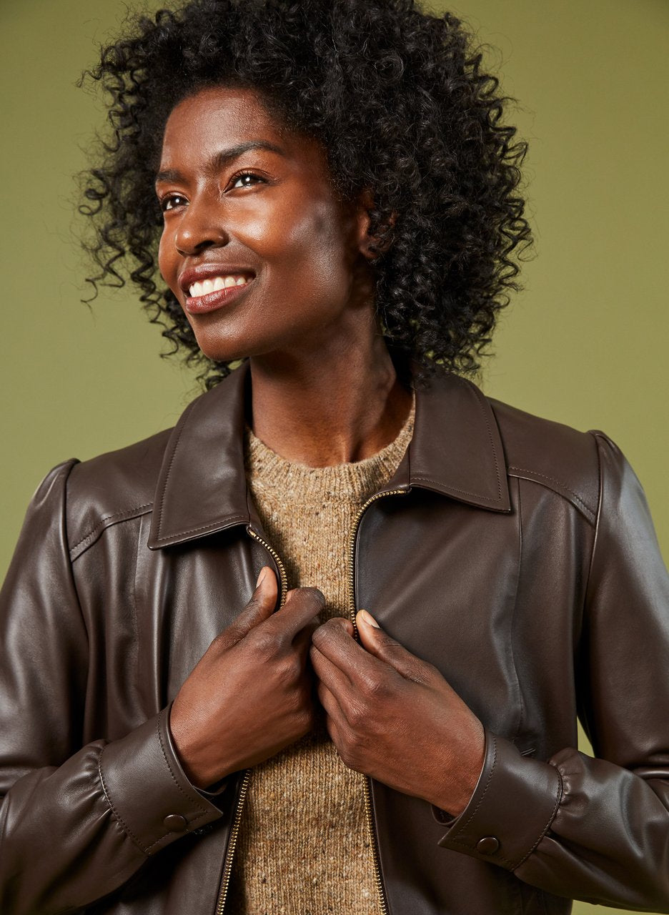 Women's Chocolate Brown Leather Bomber Jacket