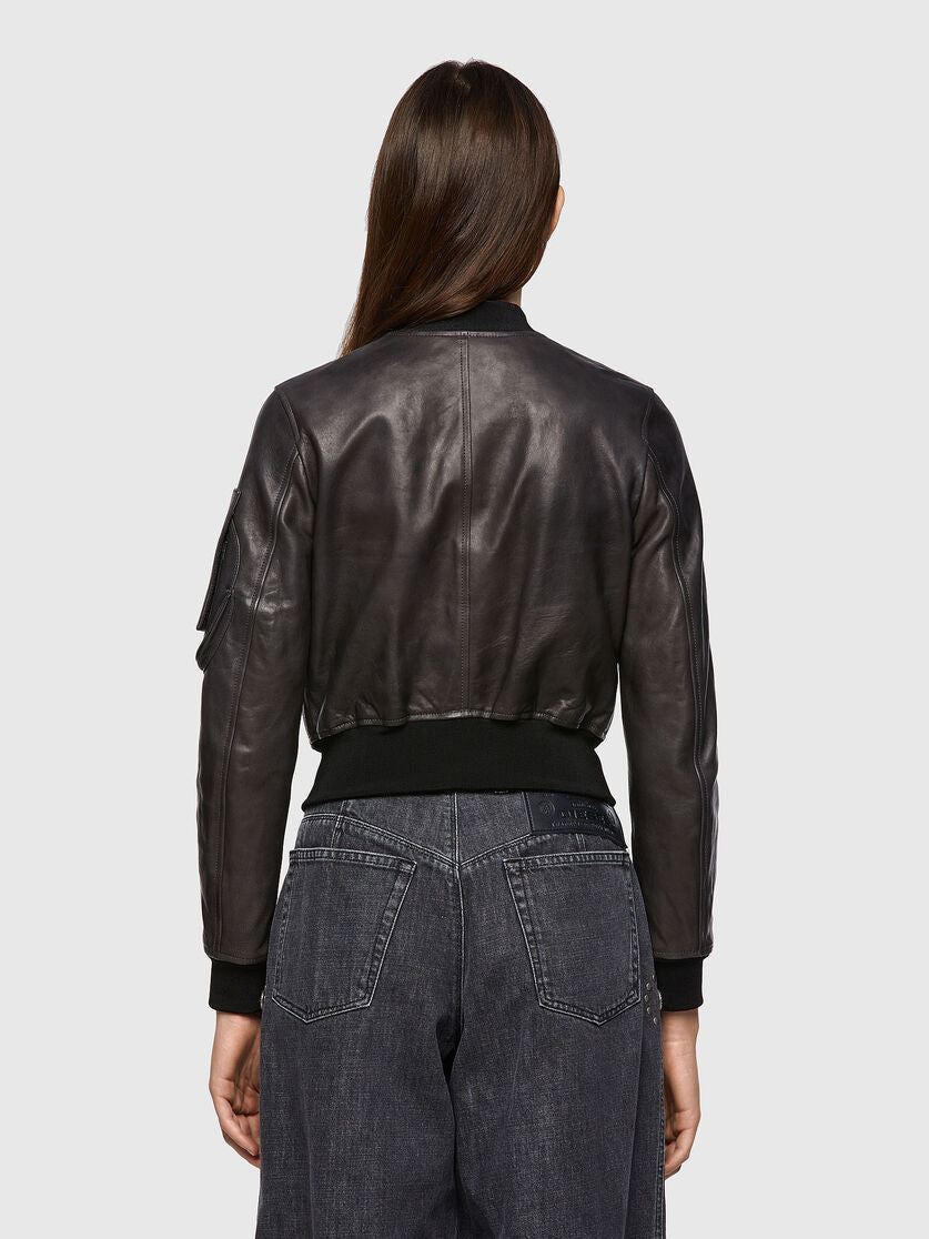 Women's Black Leather Bomber Jacket With Arm Pocket