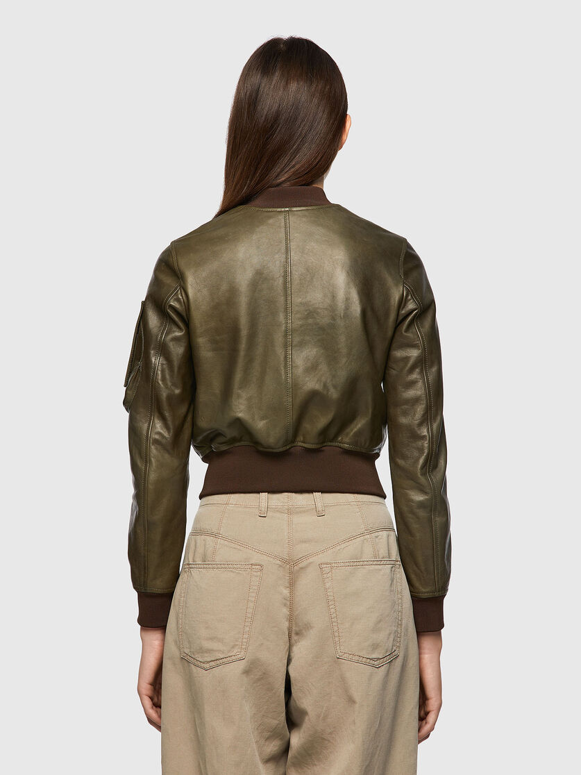 Women’s Green Leather Bomber Jacket With Arm Pocket