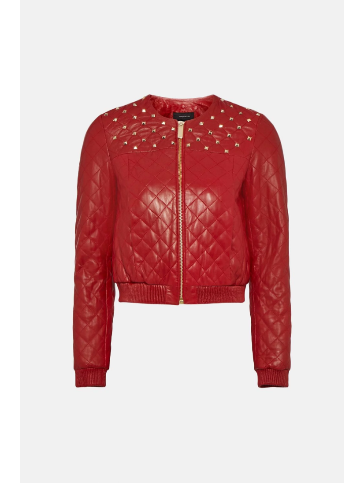 Women's Wine Red Leather Studded Bomber Jacket