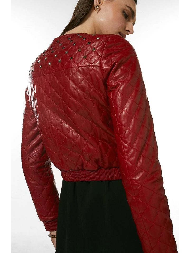 Women's Wine Red Leather Studded Bomber Jacket