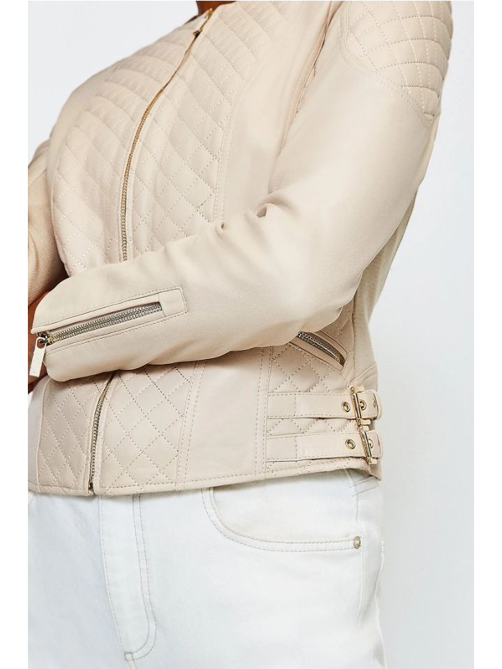 WOMEN’S BEIGE CREAM LEATHER BIKER JACKET