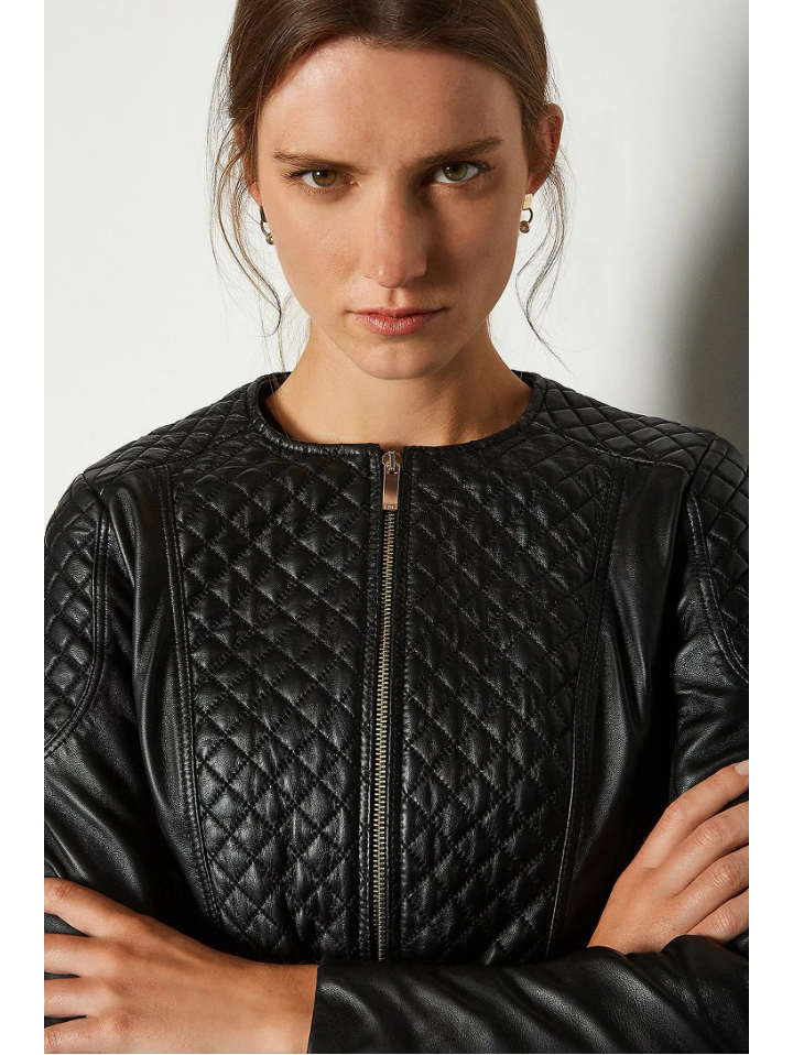 Women's Black Leather Biker Jacket Crew Neck