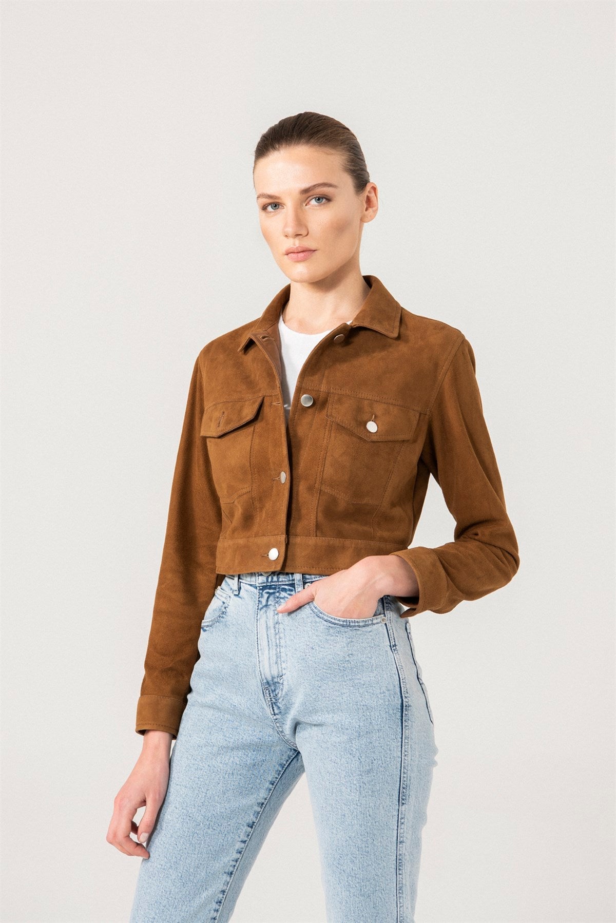 Women’s Tan Brown Suede Leather Short Trucker Jacket