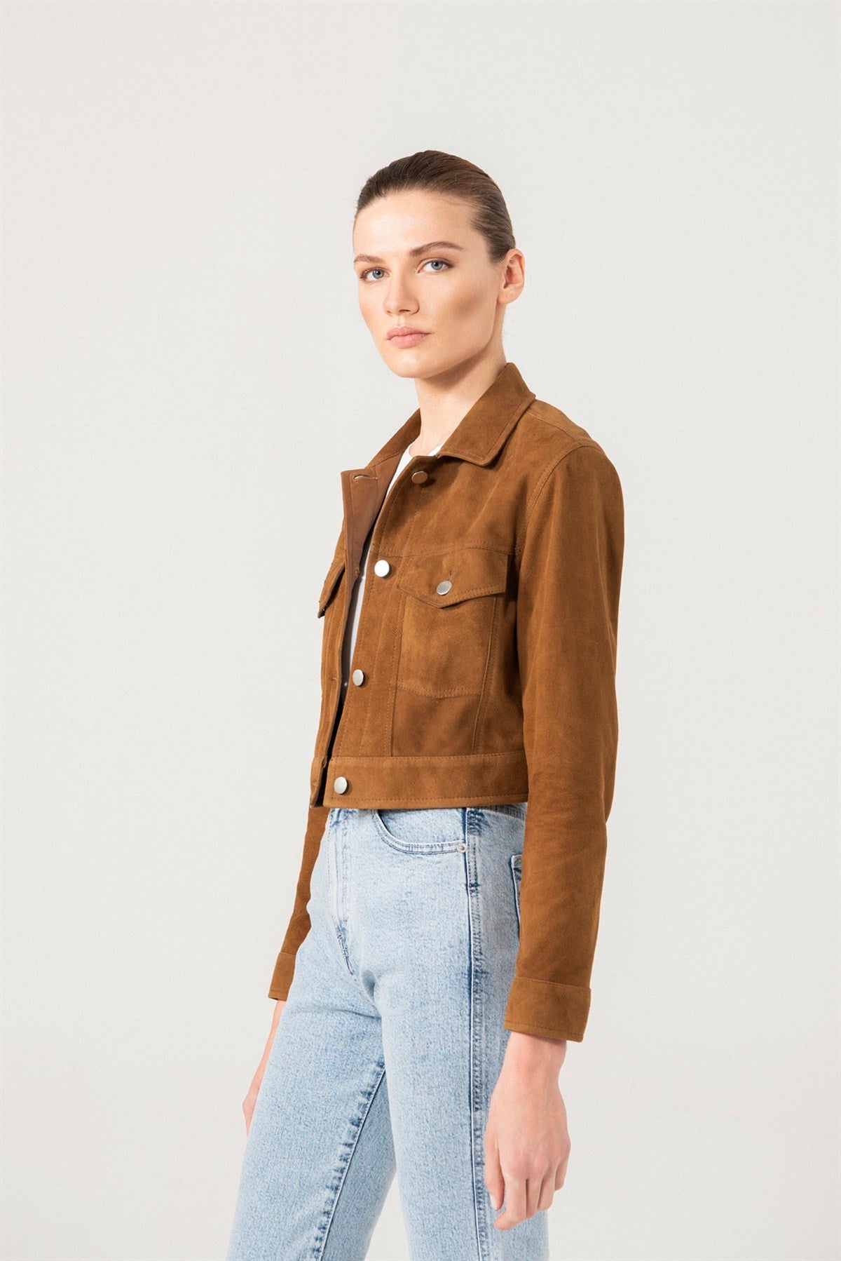 Women’s Tan Brown Suede Leather Short Trucker Jacket