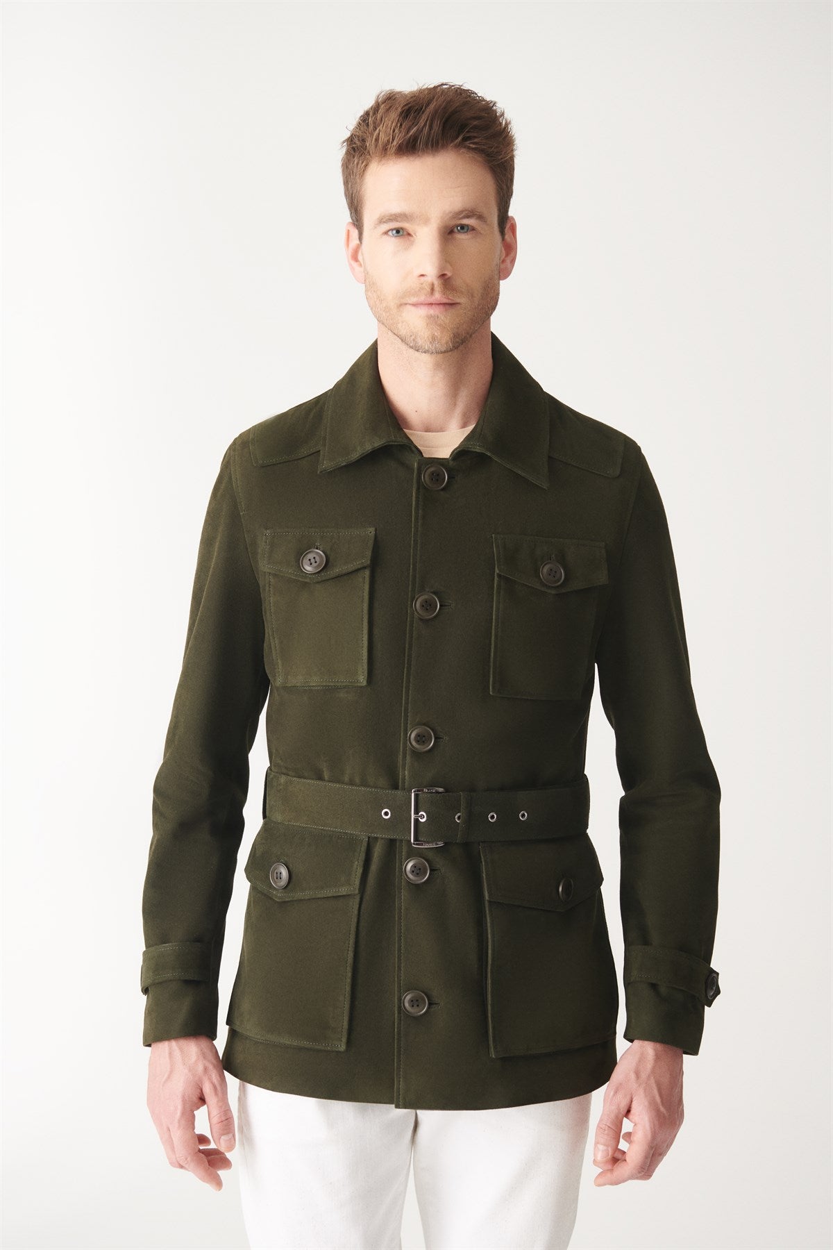 Men’s Green Suede Leather Trucker Coat