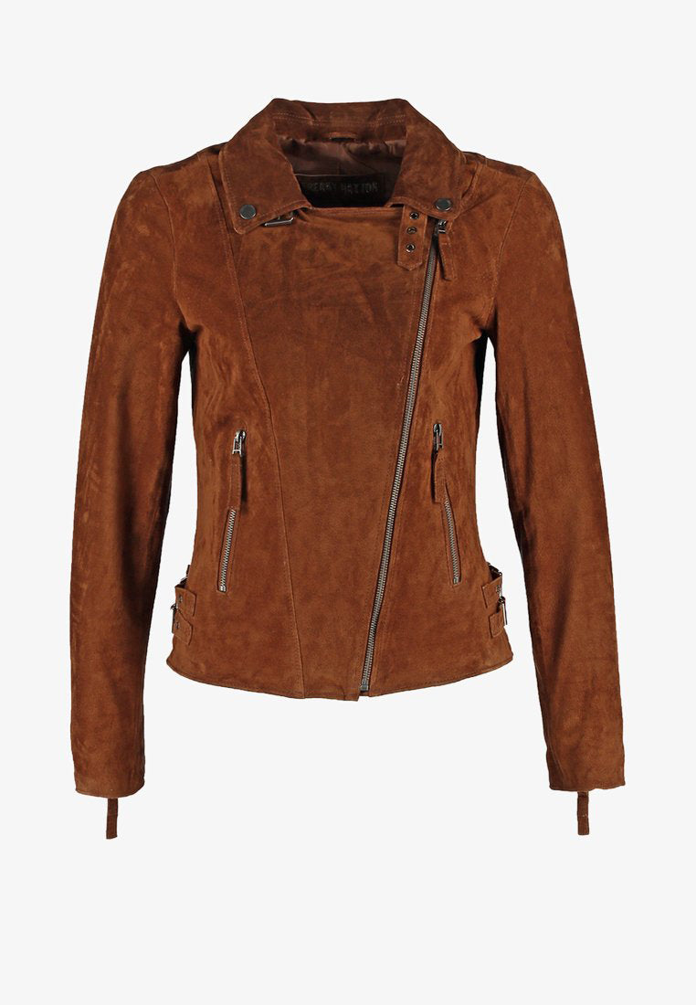 Women’s Tan Brown Suede Leather Biker Jacket