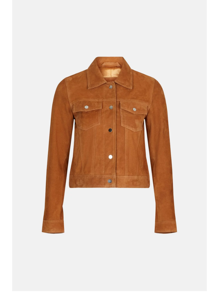 Women’s Tan Brown Suede Leather Trucker Jacket