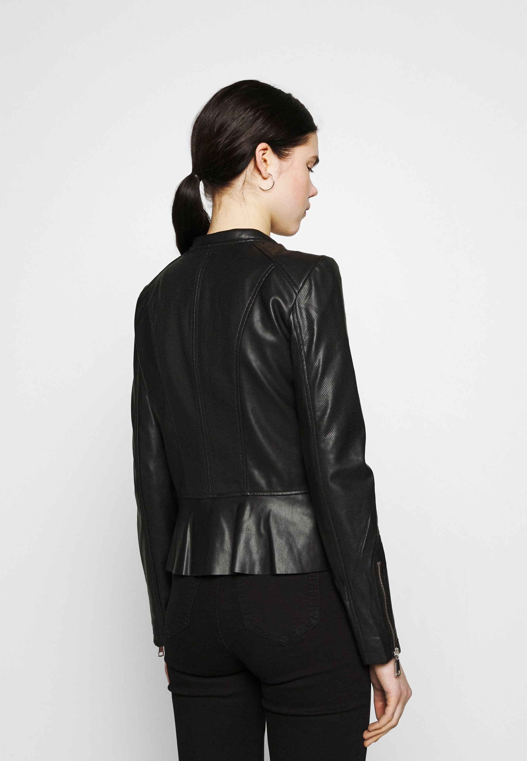 Women’s Black Leather Crew Neck Jacket