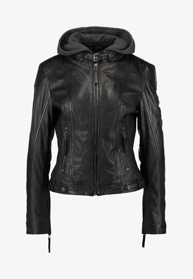 Women’s Black Leather Jacket Removable Hood