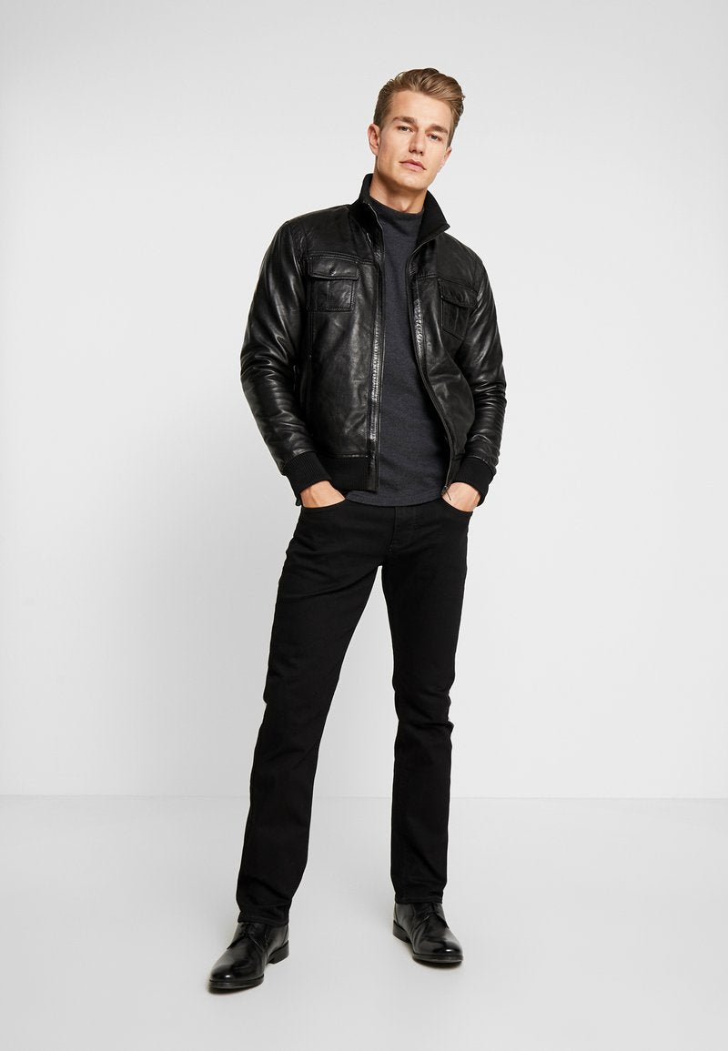 Stylish Men's Black Leather Bomber Jacket for Timeless Elegance