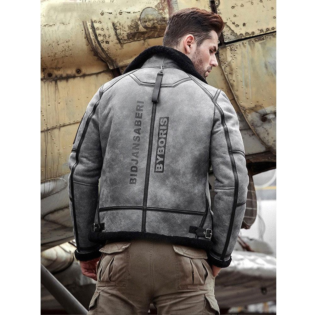 Men's Grey B3 Shearling Leather Bomber Jacket