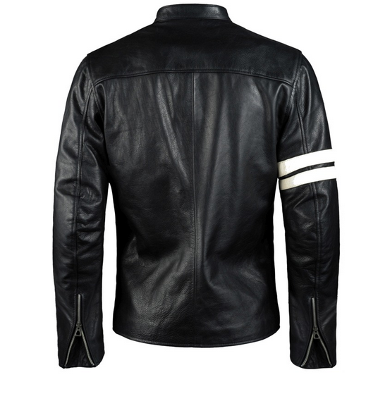 Mens Black Leather Biker Jacket With White Stripes