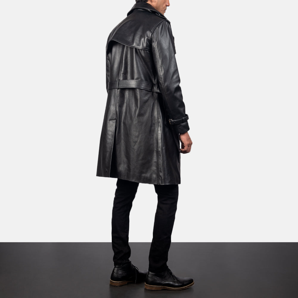 Mens Black Sheepskin Leather Duster Belted Coat