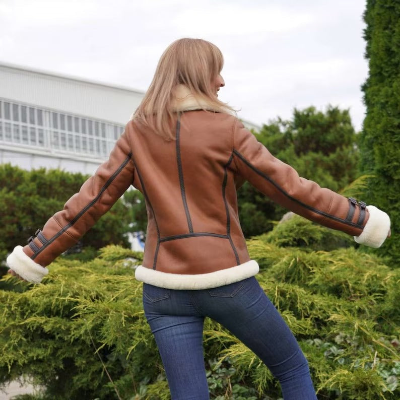 Stylish Women's Brown B3 RAF Aviator Shearling Leather Jacket