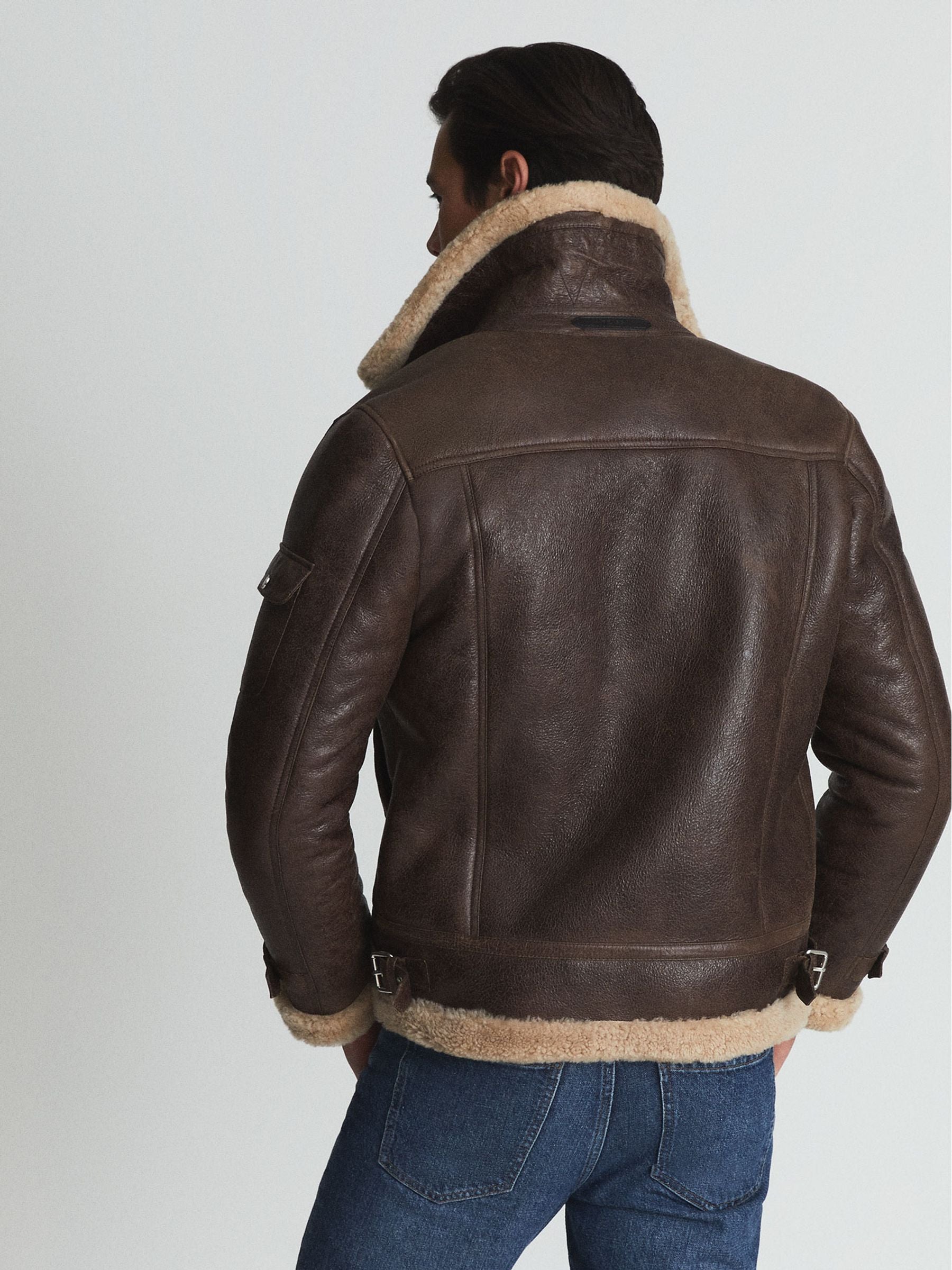 Brown Aviator Leather Jacket with Shearling Collar