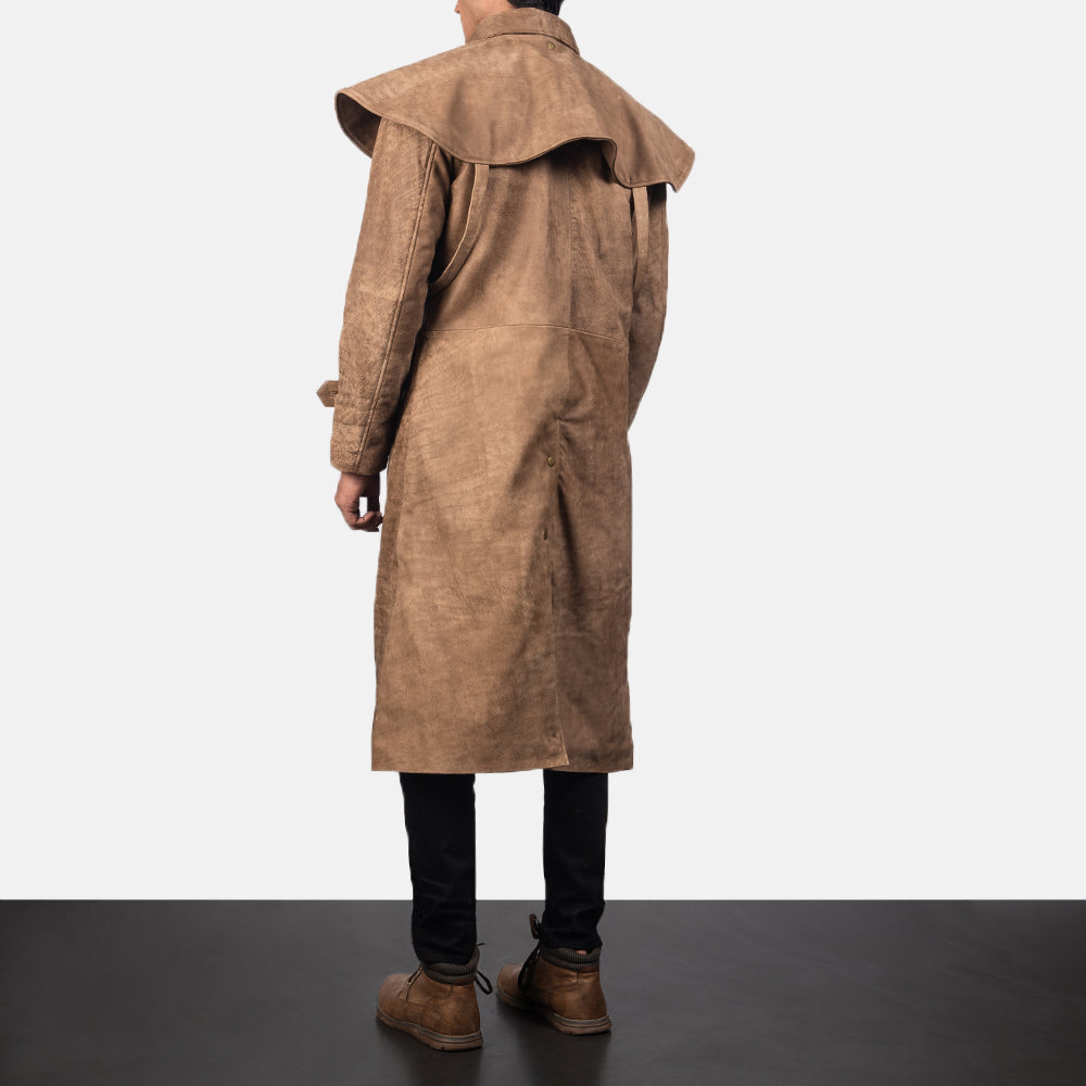 Brown Sheepskin Leather Trench Duster Coat Mens