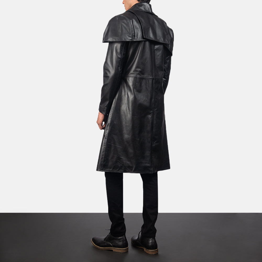 Mens Classic Black Cowhide Leather Duster Coat