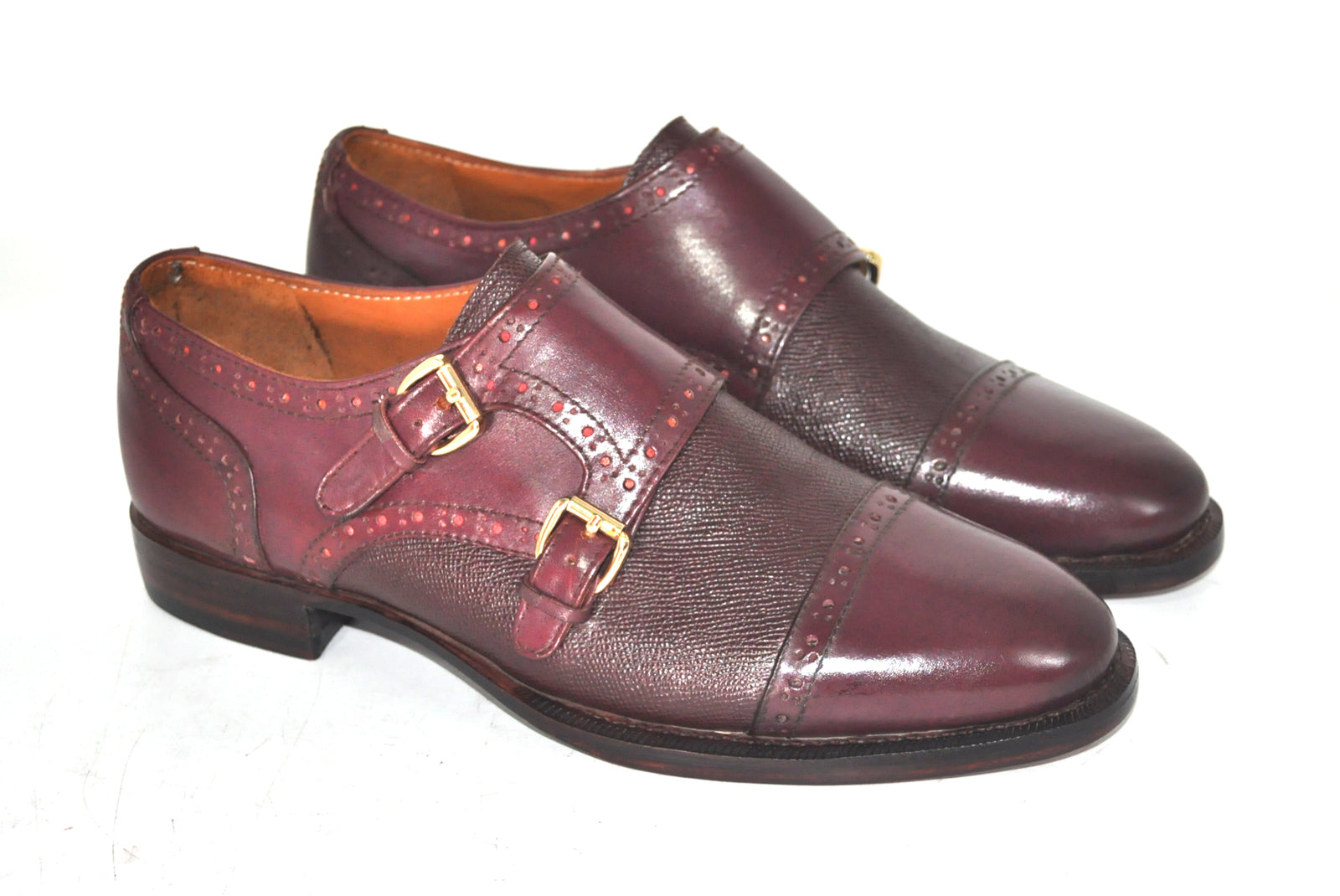 Handmade Leather Burgundy Double Monk Strap Formal Custom Made Dress shoes