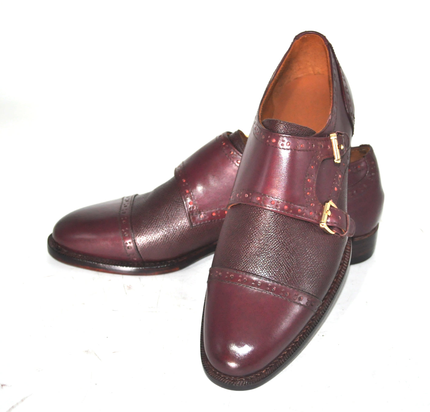 Handmade Leather Burgundy Double Monk Strap Formal Custom Made Dress shoes