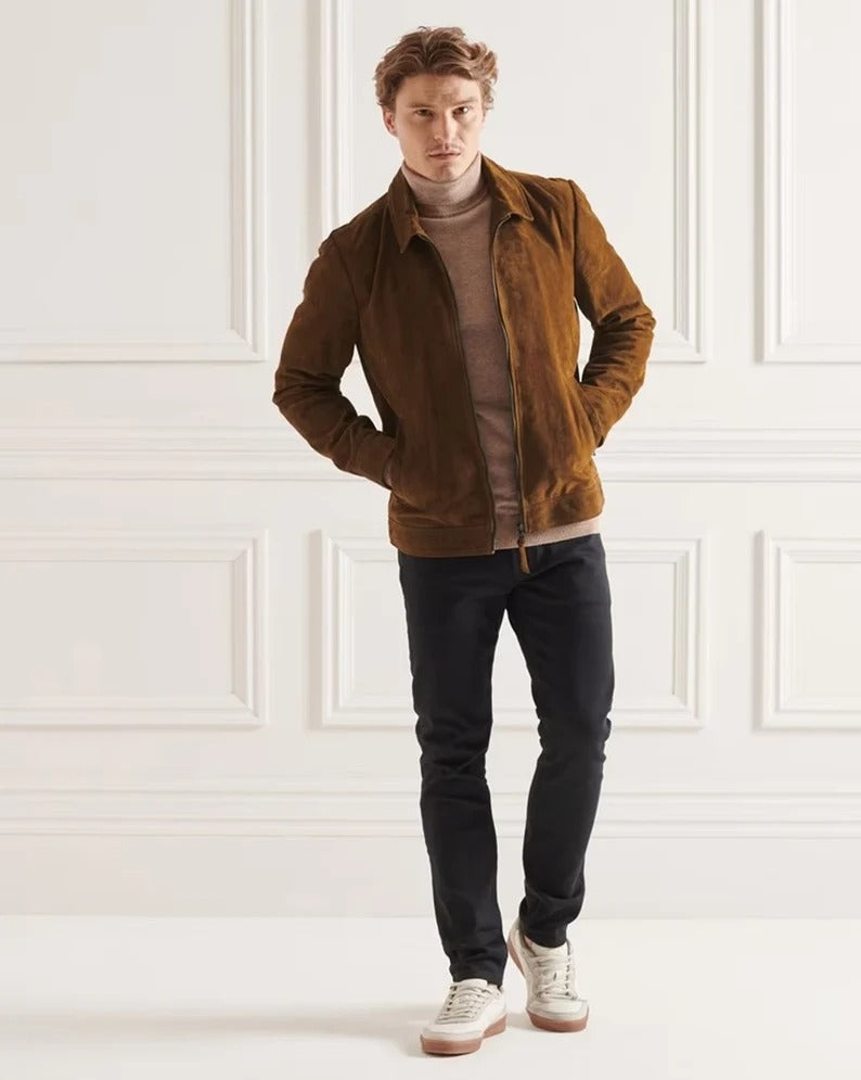 Dark Brown Suede Leather Jacket for Men