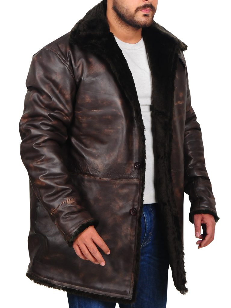 Men Distressed Brown Fur Collar Jacket