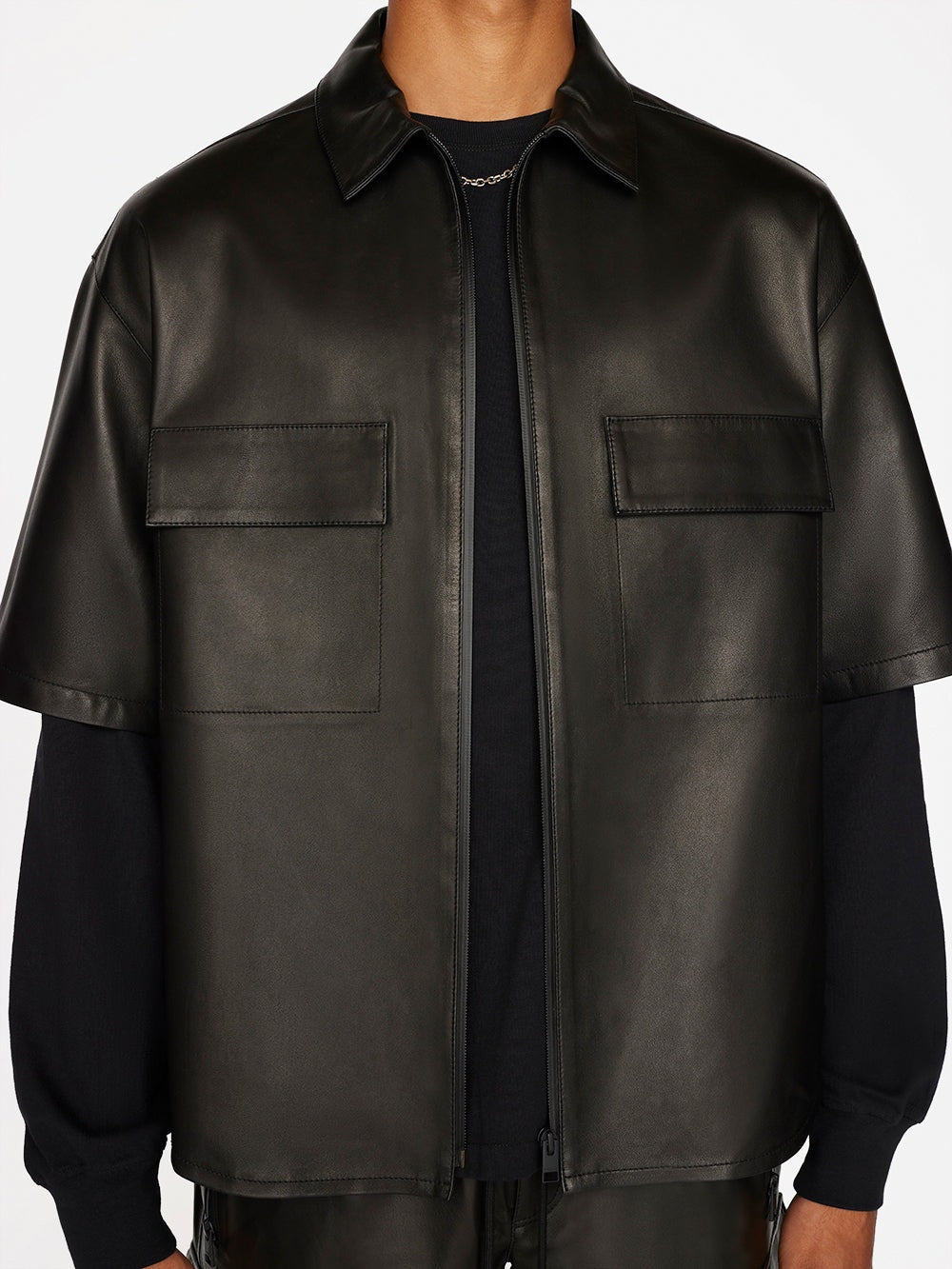 Men’s Half Sleeves Black Genuine Sheepskin Leather Shirt