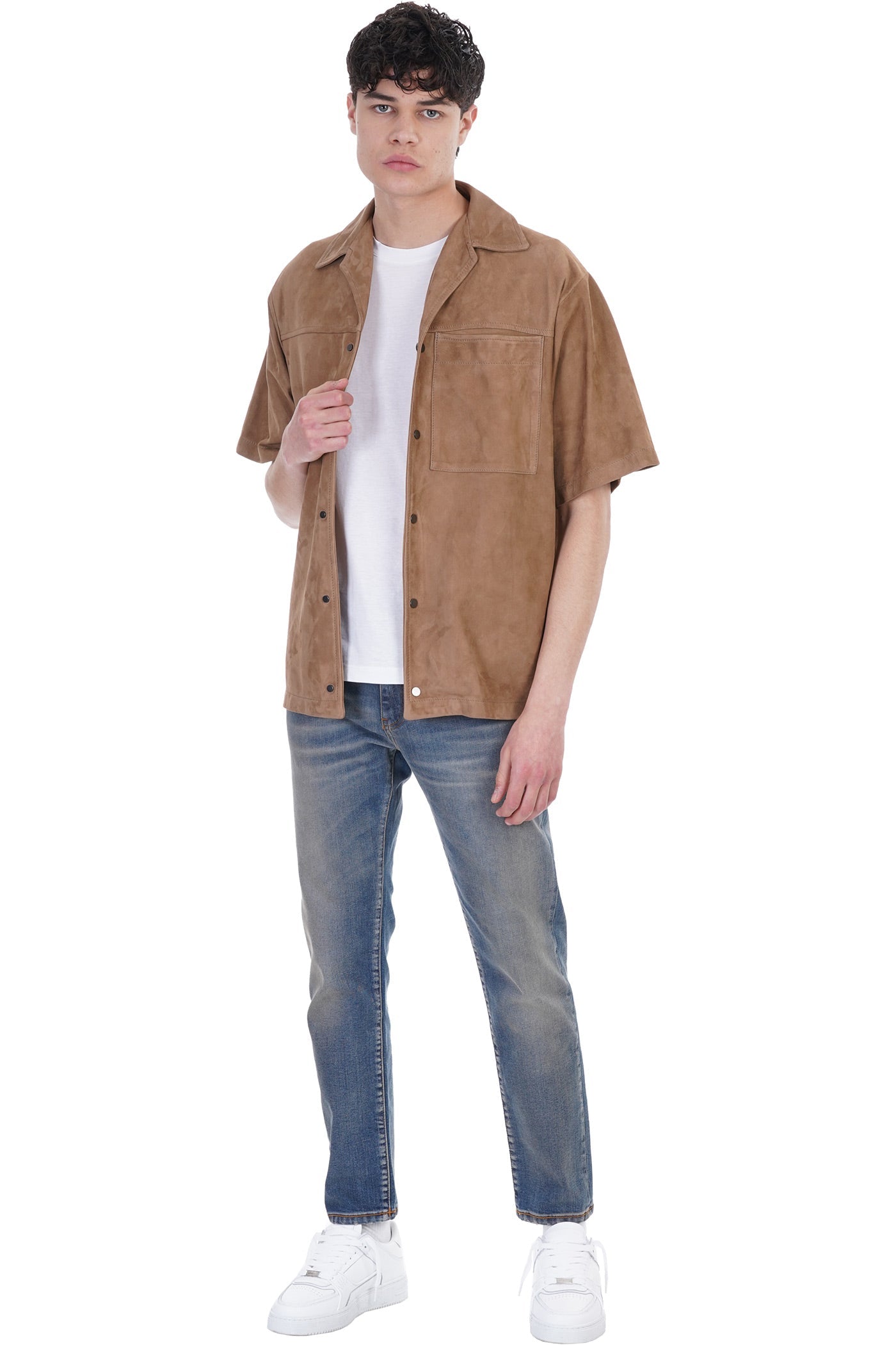 Men’s Half Sleeves Cream Brown Suede Leather Shirt