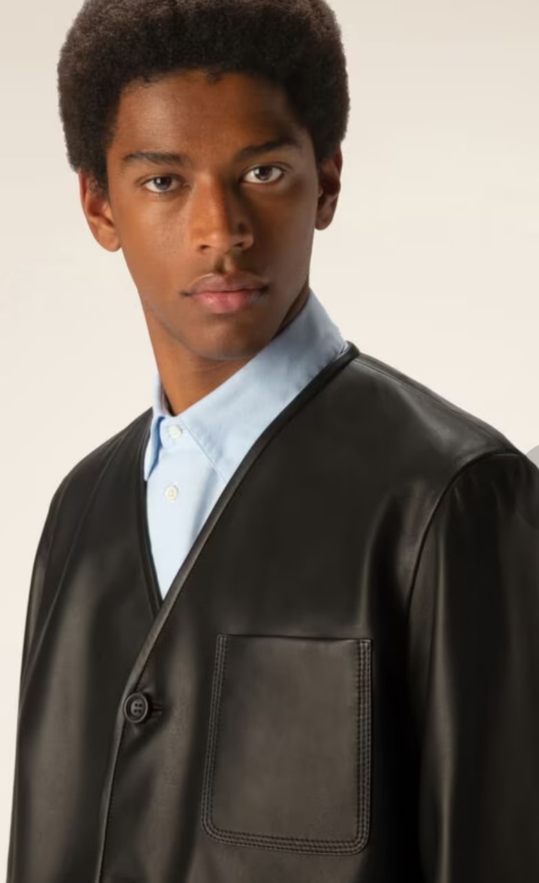 Men’s V-Neck Black Genuine Leather Shirt