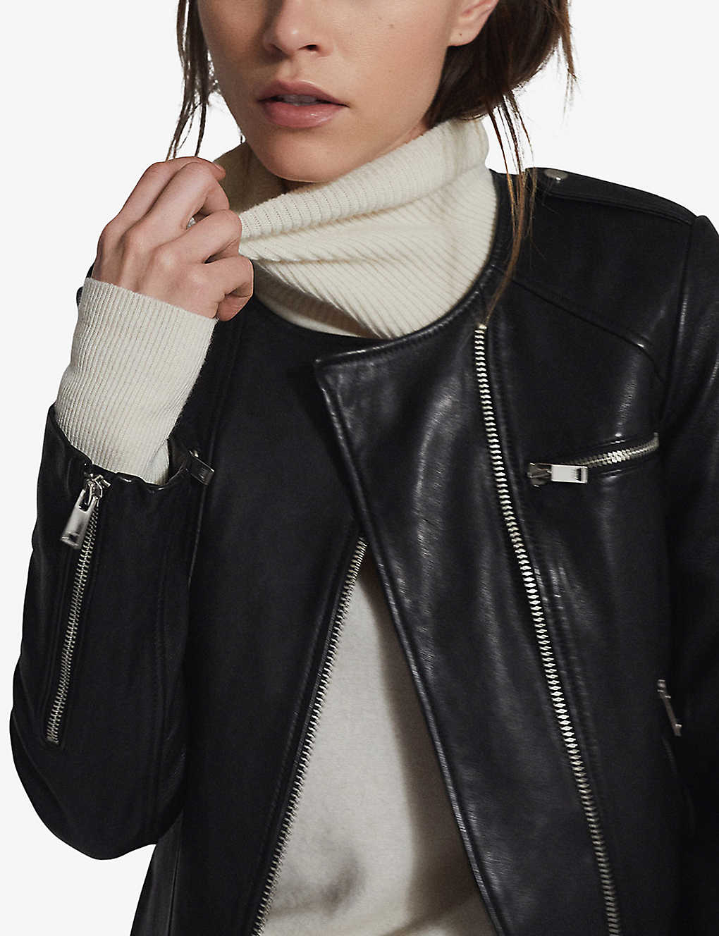 Women’s Crew Neck Black Leather Jacket